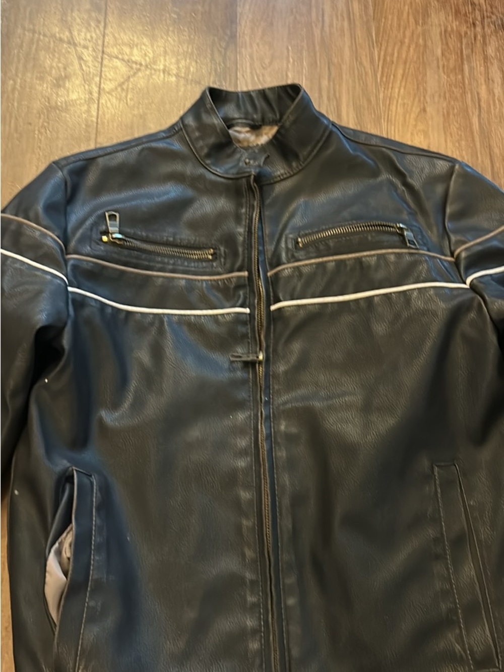 Boys Black Faux Leather Zip-Front Jacket with Contrast Piping Size 8/10